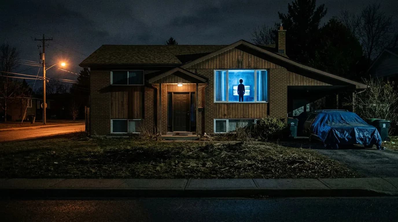 1970s suburban split-level house at night with a small figure standing in the television-lit front window, generated with Nano Banana 2