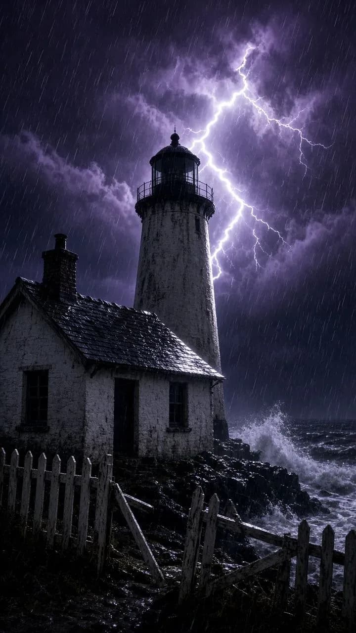 Whitewashed lighthouse keeper's cottage and dark tower lit by a lightning flash over a stormy sea, generated with Grok Imagine Image 2.0