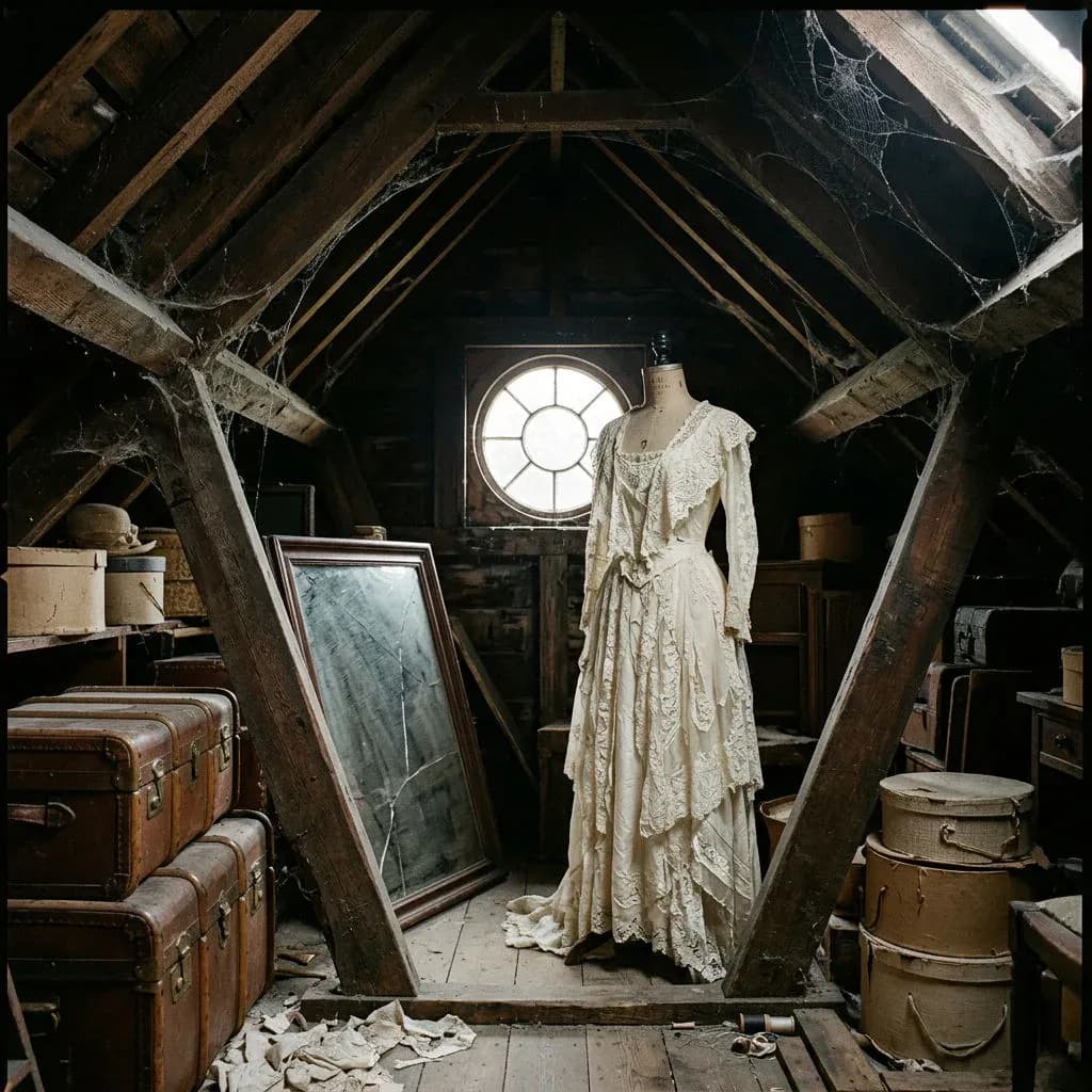 Cramped attic under rafters with a dress form in a lace gown lit by a round gable window, generated with Nano Banana 2