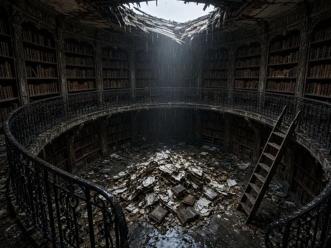 Two-storey manor library seen from the gallery, with rain falling through a hole in the ceiling onto books, generated with Grok Imagine Image 2.0
