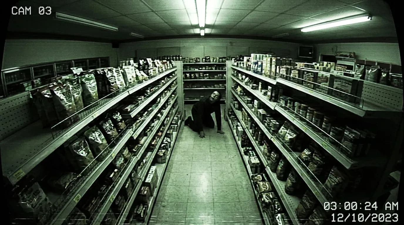 High-angle CCTV still of an empty convenience store aisle at night with a figure crouched at the far end, generated with Nano Banana 2
