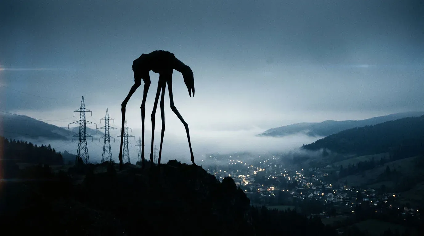 Silhouette of a long-limbed four-legged creature standing on a foggy ridge at dusk above a small town, generated with Nano Banana 2