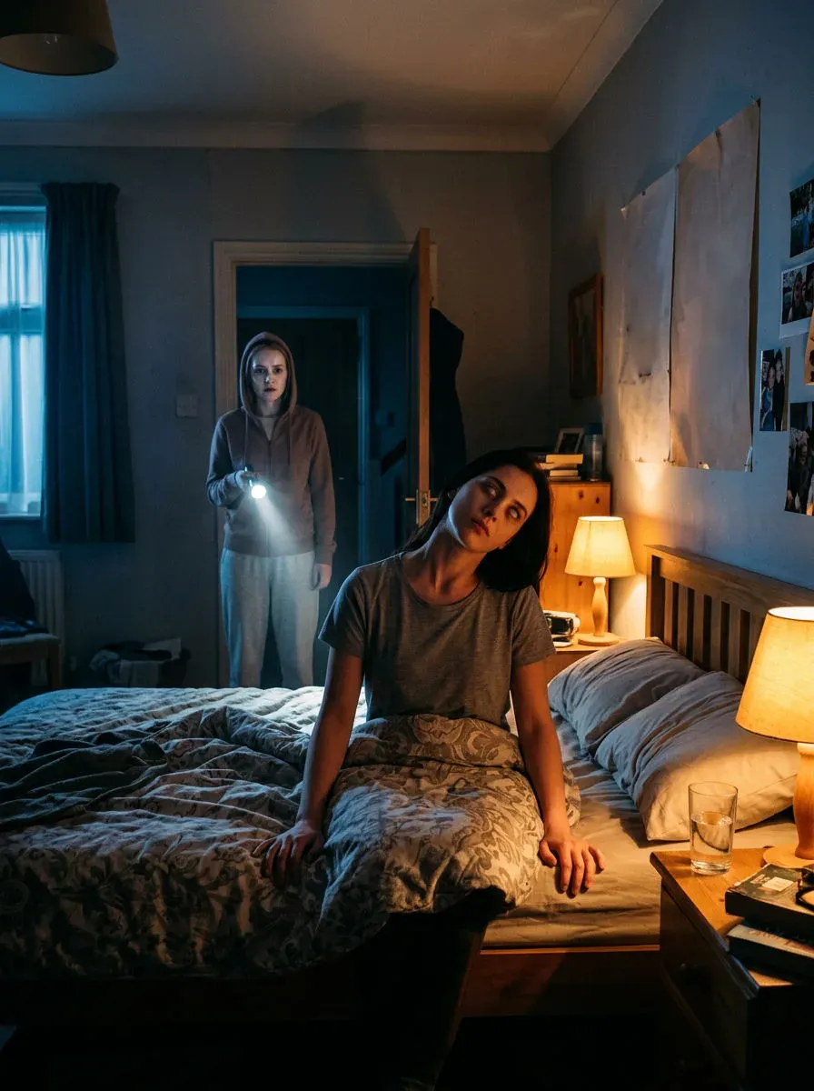 Horror still of a young woman sitting rigidly upright in bed with her head tilted at an unnatural angle while her sister watches from the door, generated with Nano Banana 2