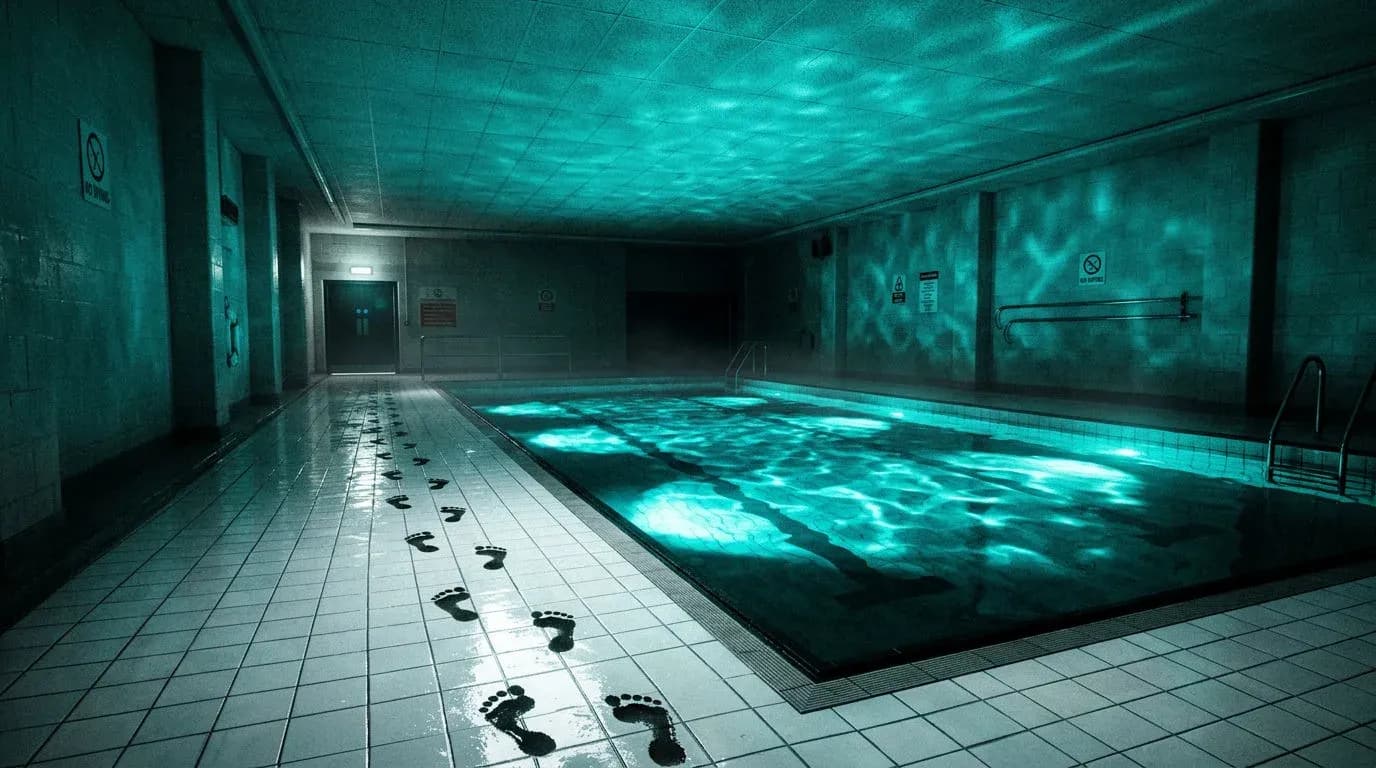 Liminal photo of an empty indoor swimming pool at night with a trail of wet footprints leading out of the water, generated with Nano Banana 2