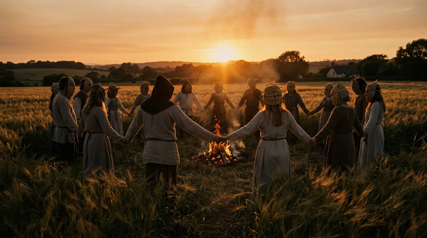 Folk horror still of villagers in straw masks standing in a circle in a barley field at dusk around a small bonfire, generated with Nano Banana 2