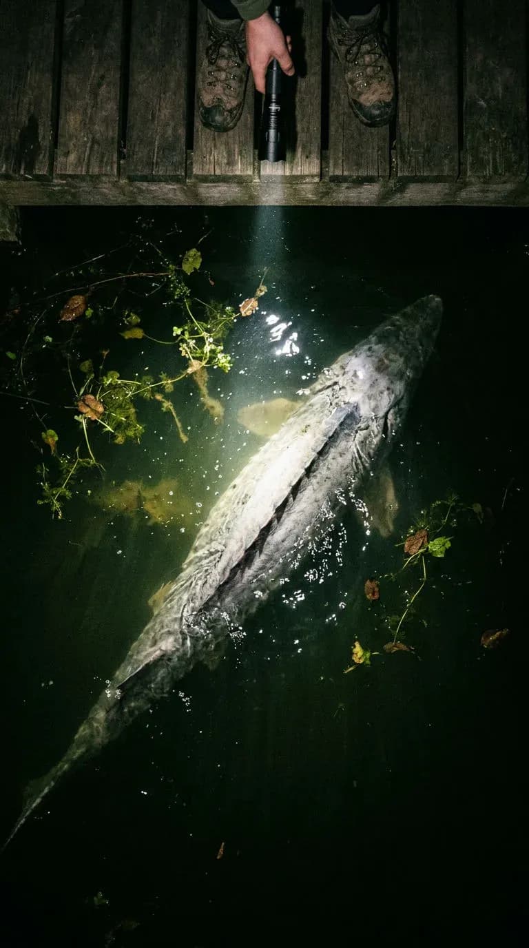 Vertical horror photo looking down from a jetty at night where a torch beam reveals a huge pale shape under the water, generated with Nano Banana 2