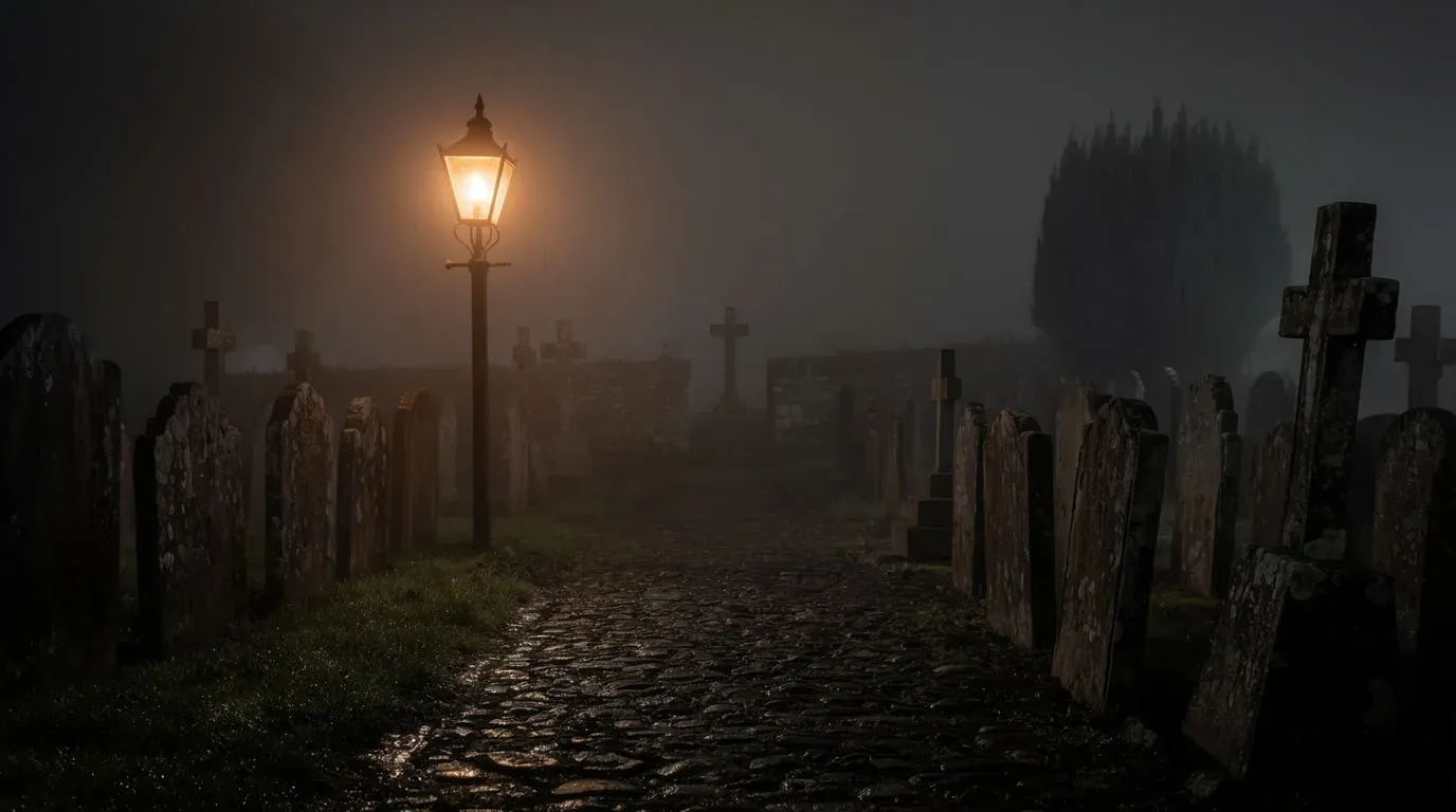 Foggy graveyard at night lit by one old gas lamp, rows of leaning headstones fading into mist, generated with Krea 2 Large