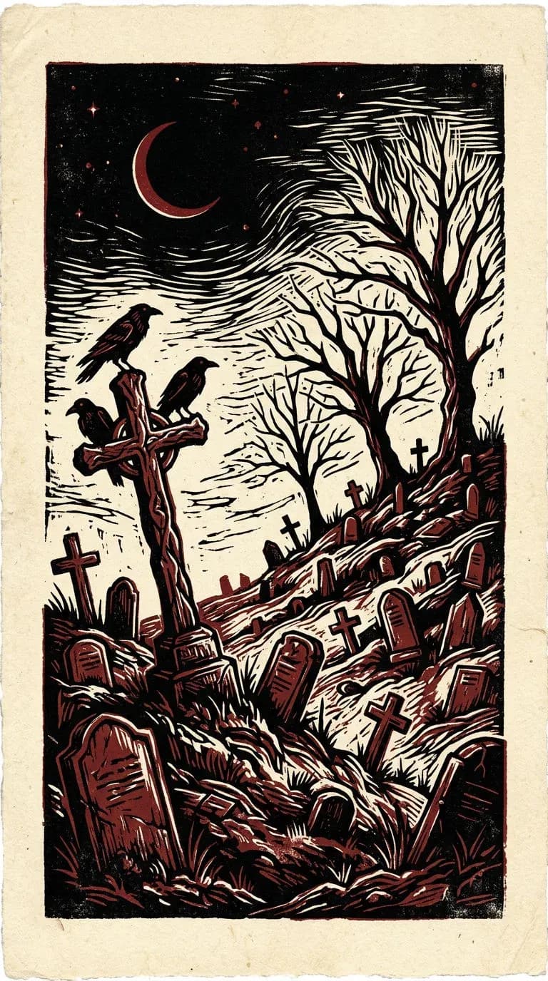 Two-colour linocut print of a graveyard with crows on a crooked cross under a crescent moon, generated with Nano Banana 2