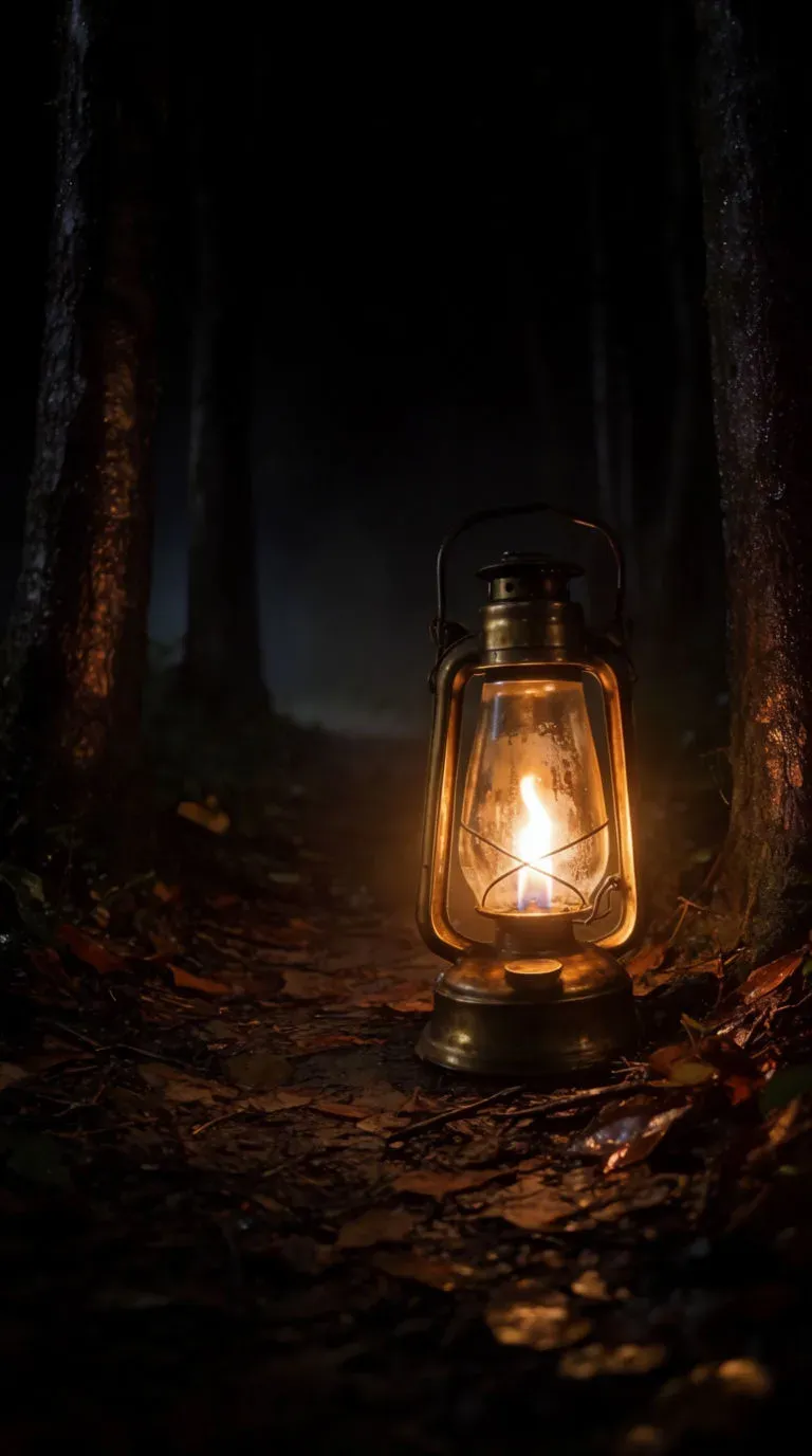 An old oil lantern sitting on a leaf-covered forest path at night, lighting a small circle around it, generated with Krea 2 Large