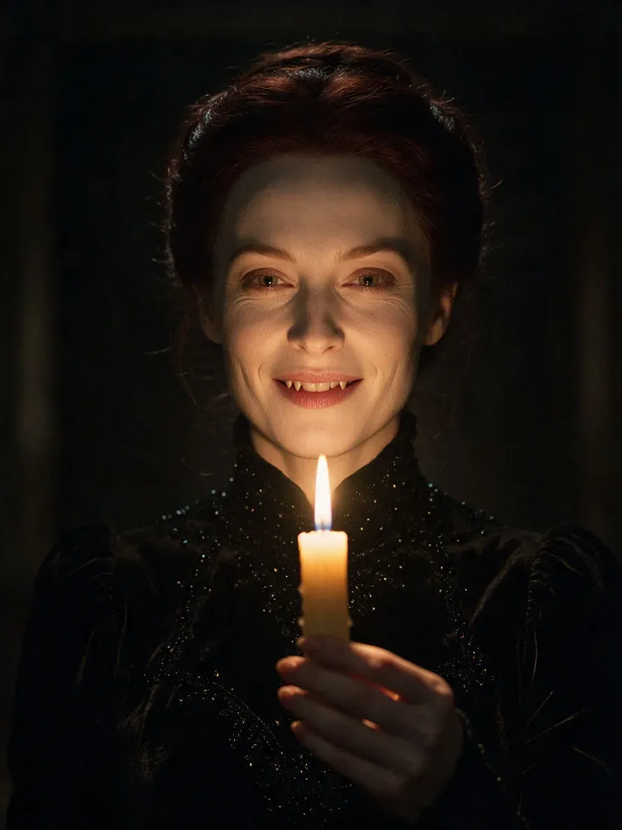 Candlelit portrait of a pale vampire noblewoman in black velvet, lit from below by a single candle, generated with Seedream 5.0 Pro