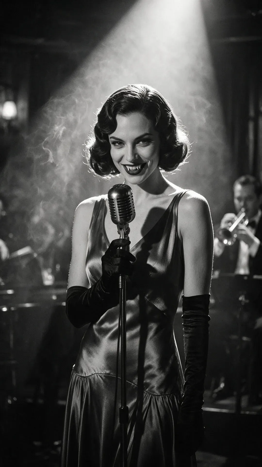 Black and white photograph of a 1920s vampire jazz singer under a hard spotlight in a smoky speakeasy, generated with Seedream 5.0 Pro
