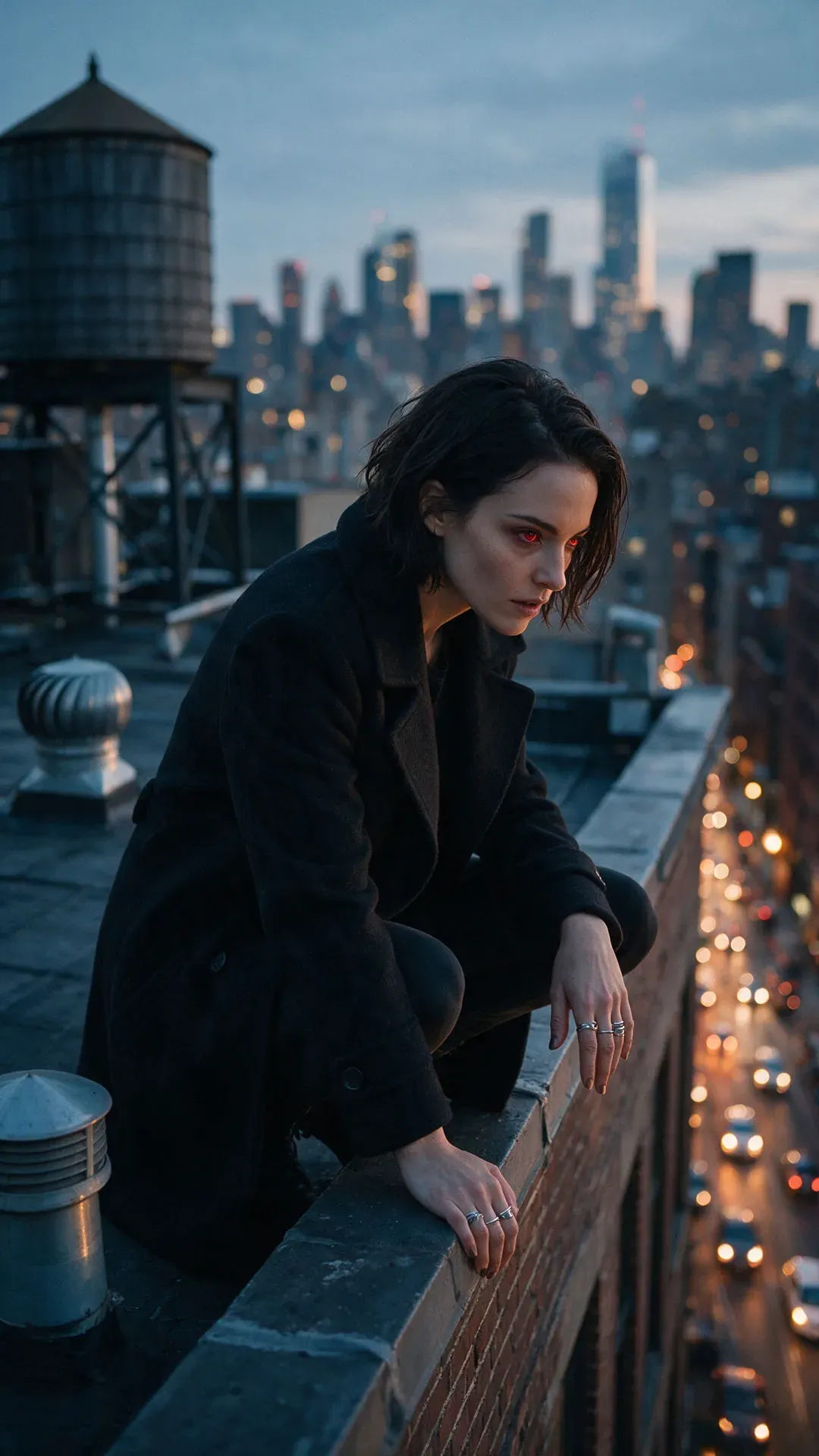 Present-day vampire woman crouched on a city rooftop parapet at blue hour, looking down at the traffic, generated with Seedream 5.0 Pro