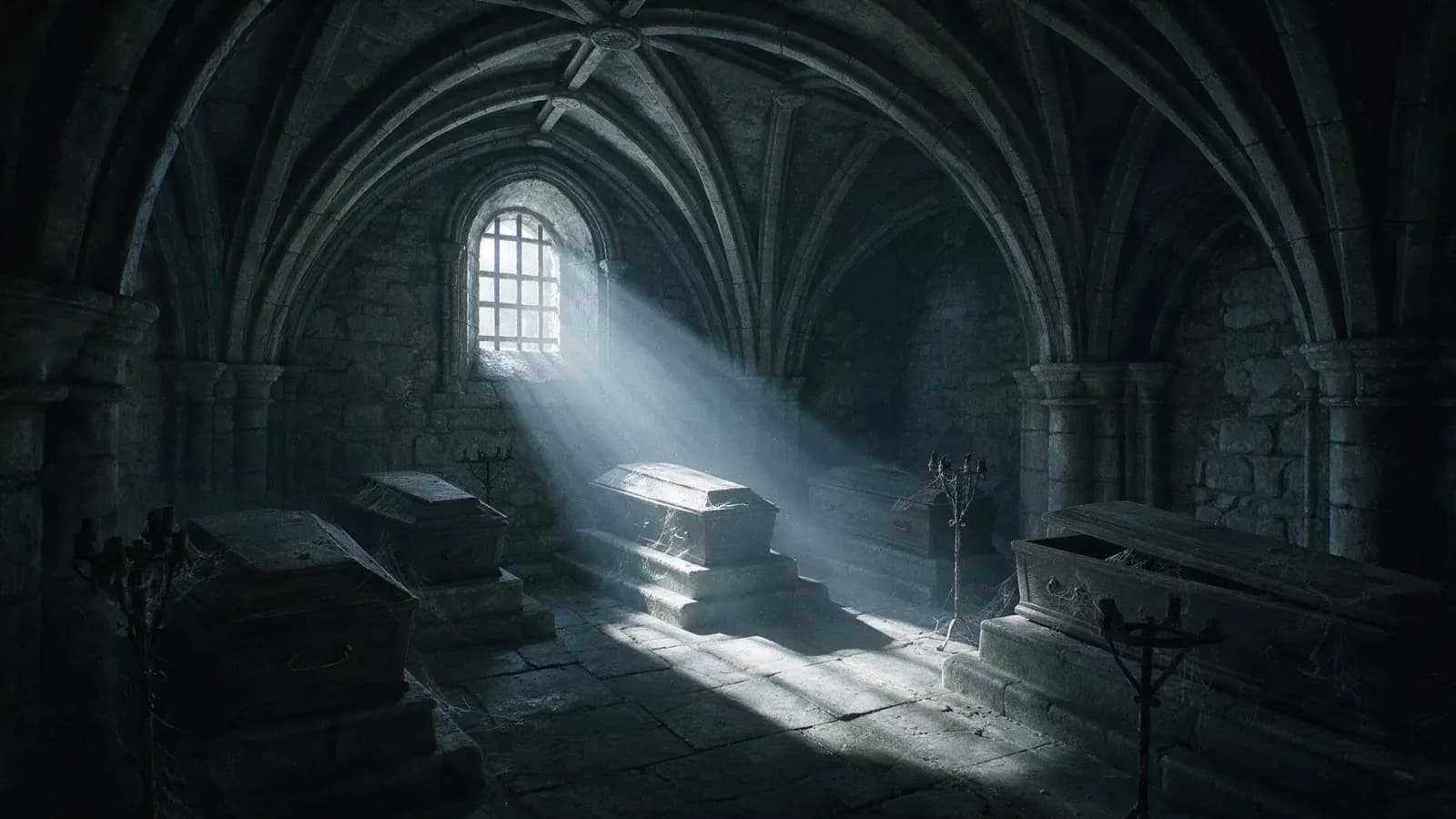 Vaulted castle crypt with five coffins on stone plinths, cut by a single shaft of moonlight, generated with Seedream 5.0 Pro