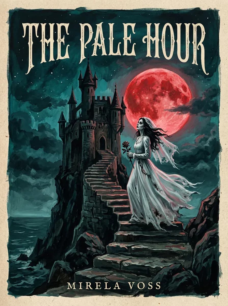 Painted gothic novel cover of a vampire bride on a cliff-top castle stair under a red moon, titled The Pale Hour, generated with Nano Banana 2