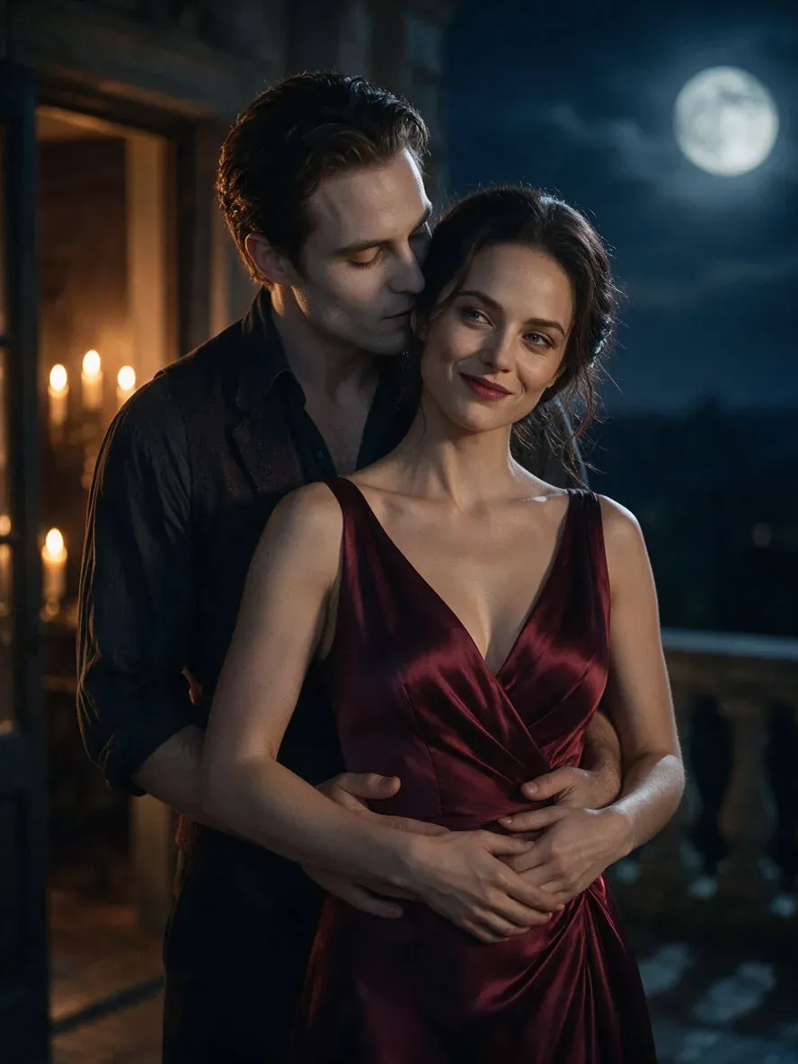 Romance cover photograph of a fully clothed vampire couple on a moonlit terrace, warm light on one side and cool on the other, generated with Seedream 5.0 Pro