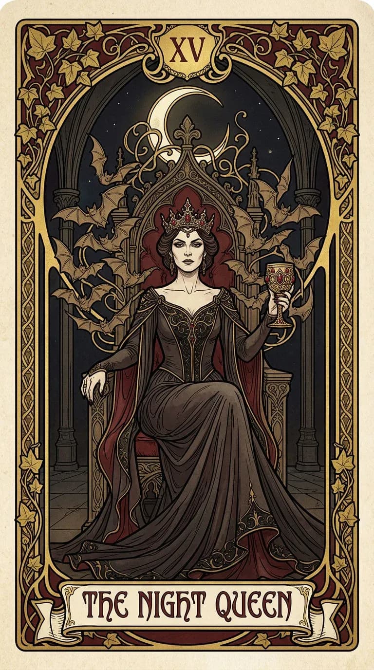 Art nouveau tarot card of a vampire queen enthroned beneath a crescent moon with a halo of bats, generated with Nano Banana 2