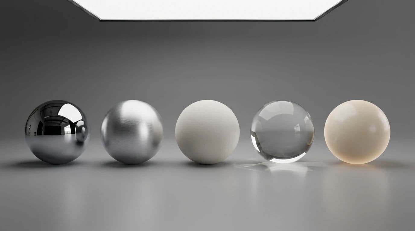 Row of five shader test spheres showing different material behaviours, generated with Nano Banana 2