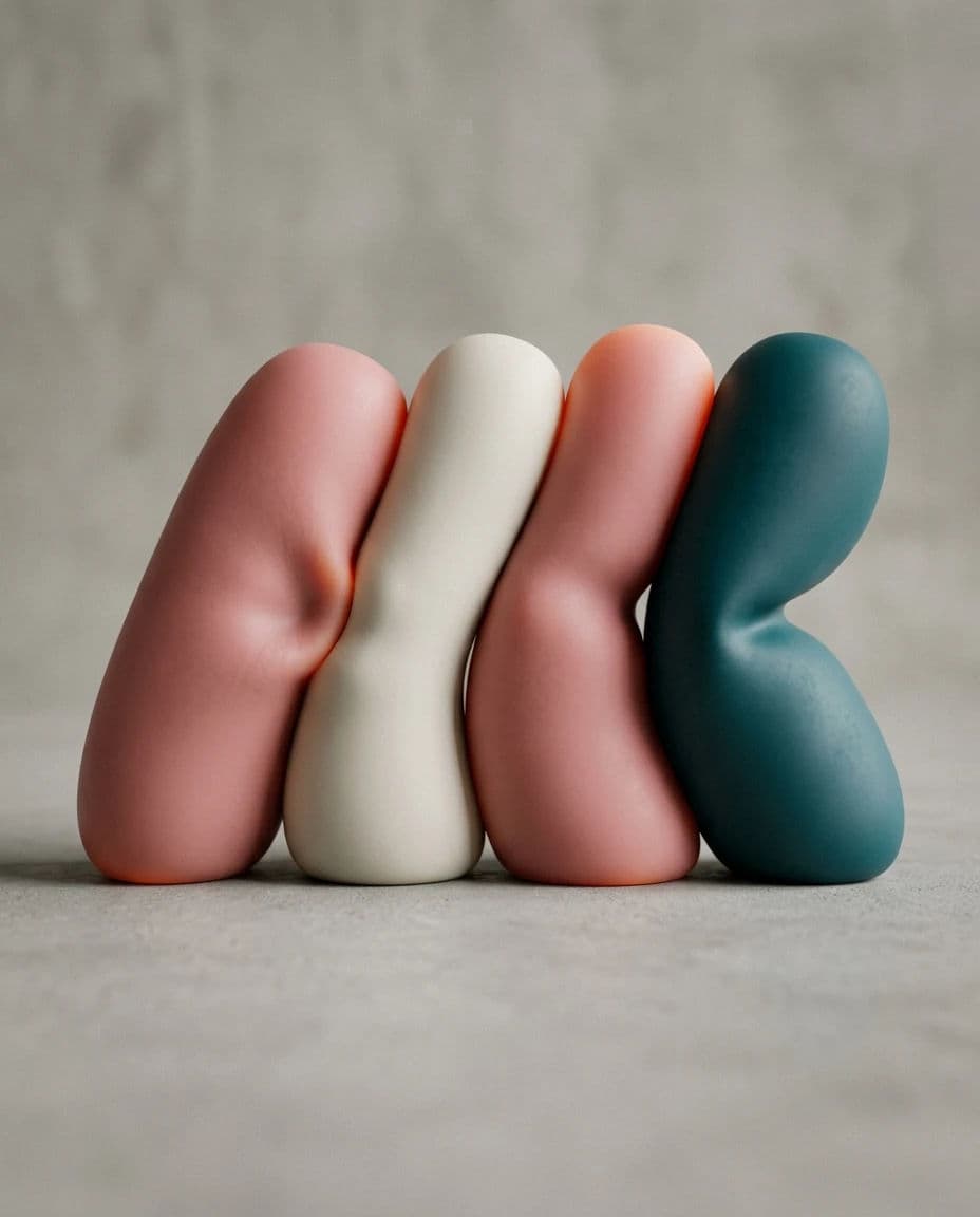 Soft-body abstract forms leaning together with rounded contact deformation, generated with Nano Banana 2
