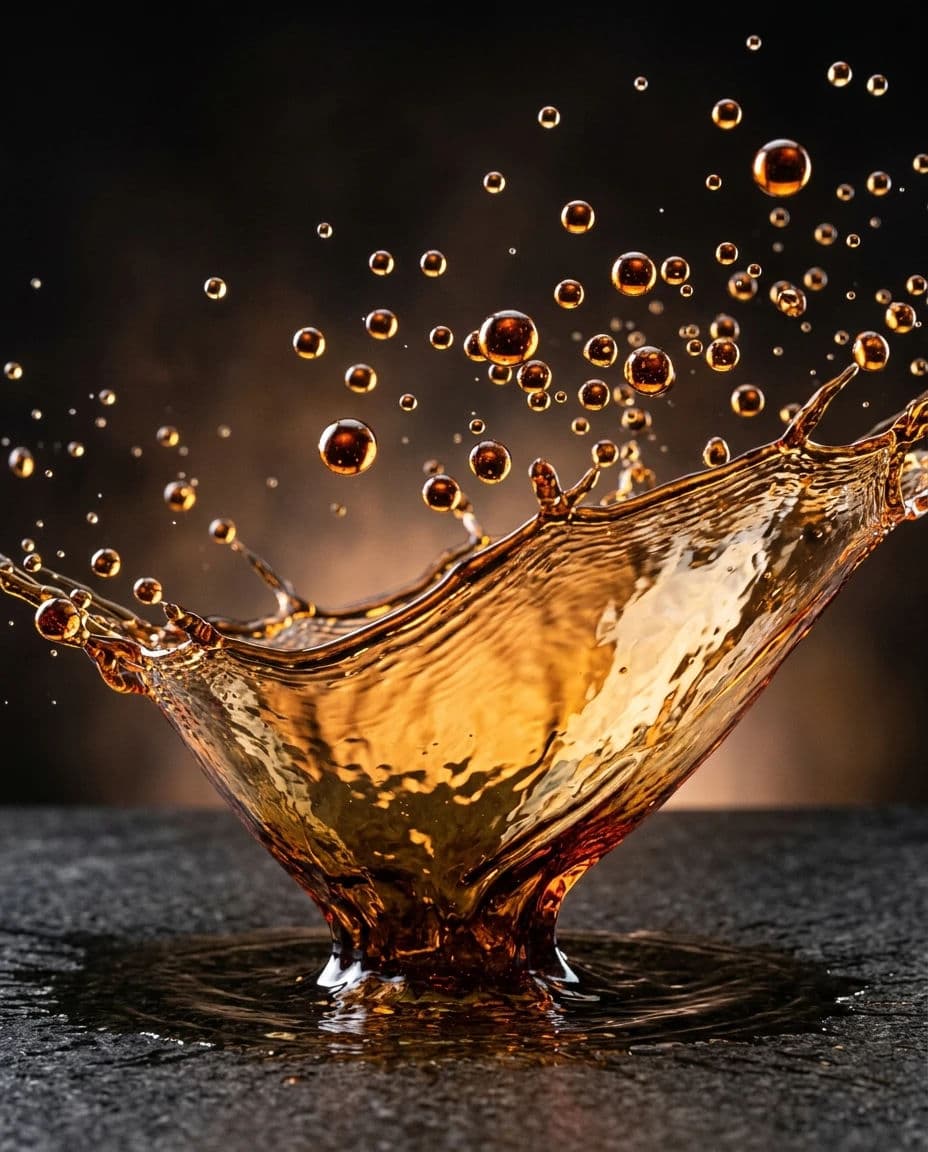 Frozen fluid simulation with a thin sheet and separated droplets, generated with Nano Banana 2