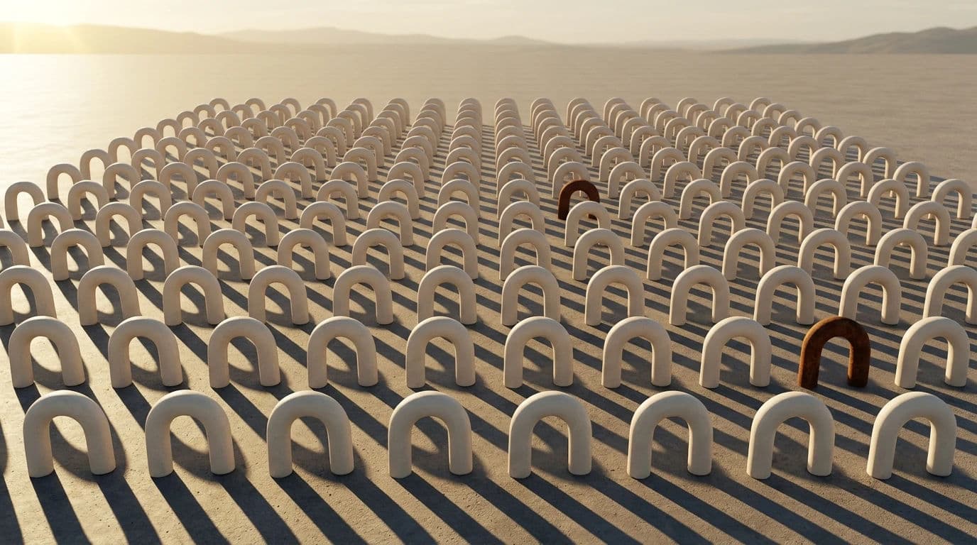 Large array of one instanced object arranged on a grid with slight variation, generated with Nano Banana 2