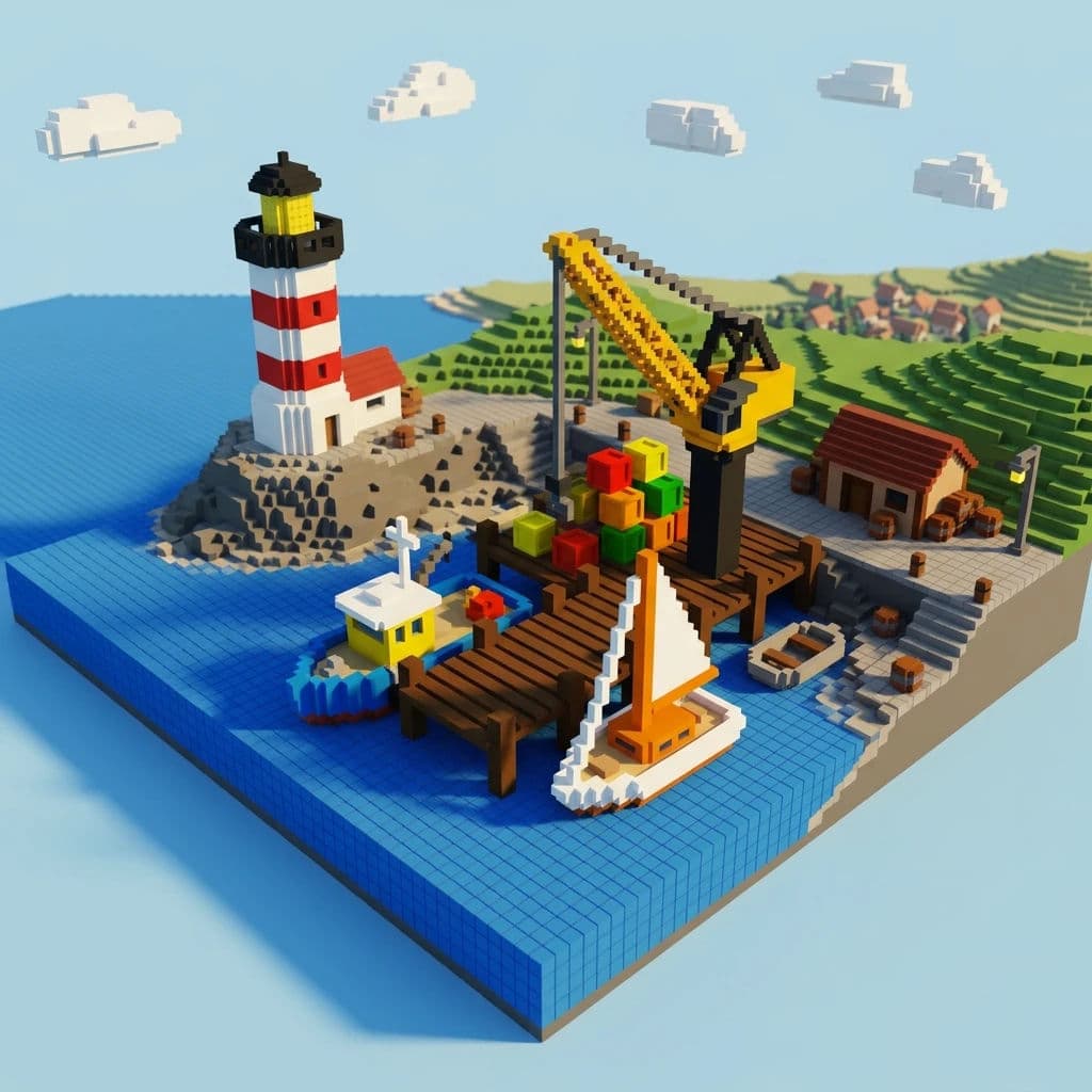 Voxel scene built from uniform cubes with no smoothing anywhere, generated with Nano Banana 2