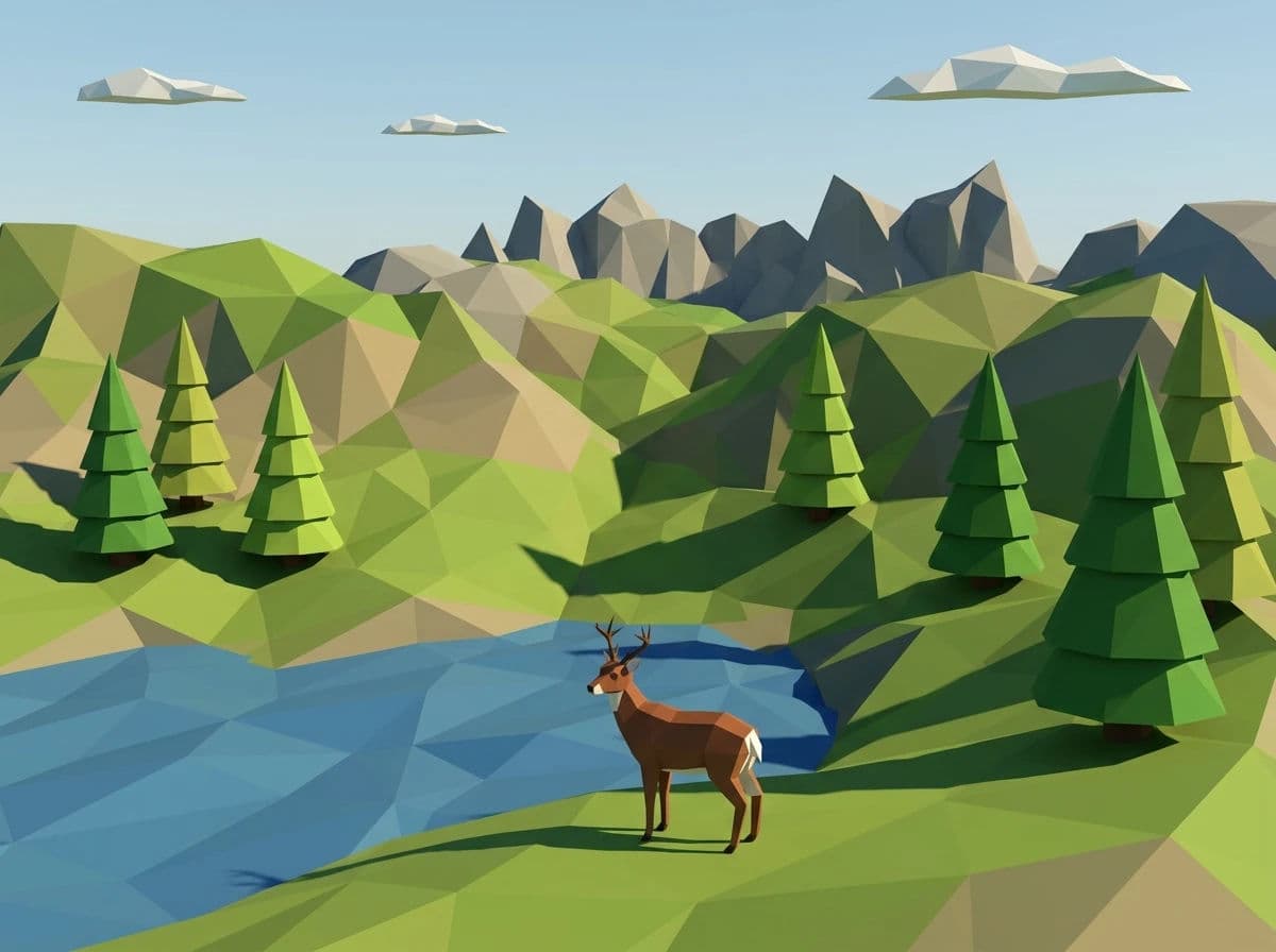 Low poly scene with flat shading and visible triangular facets, generated with Nano Banana 2