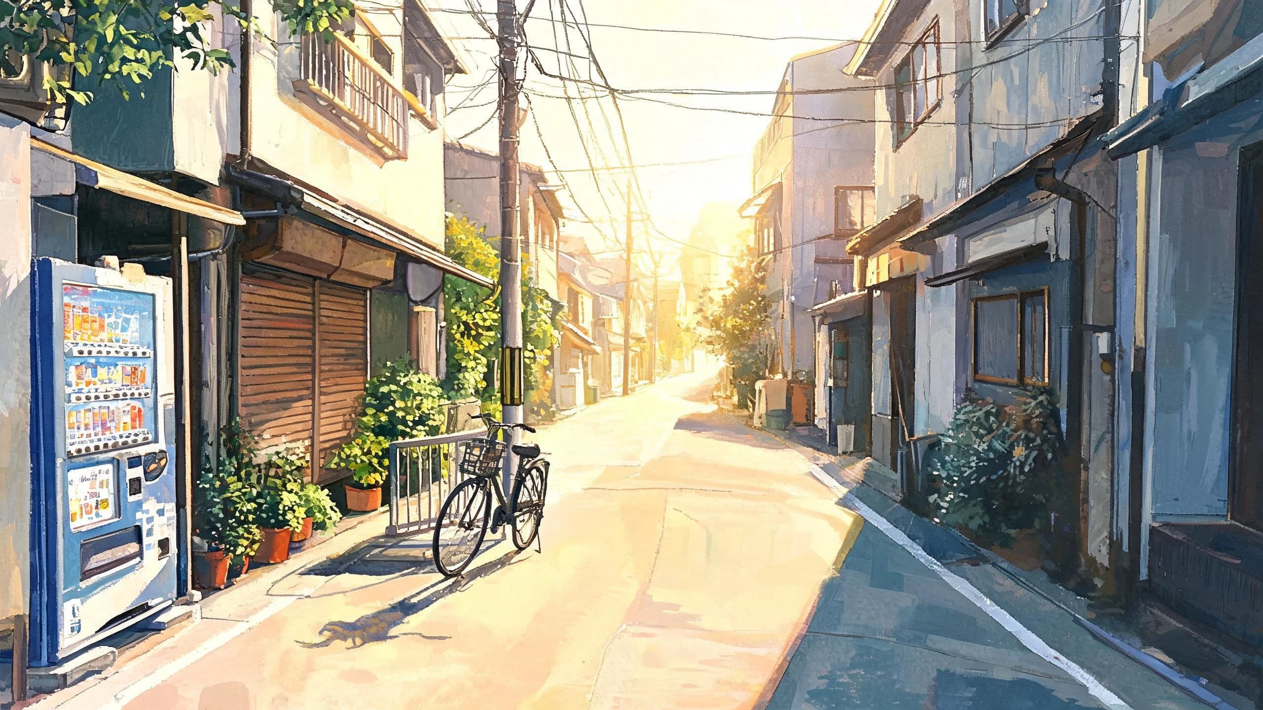 Hand-painted anime background of a quiet street with no characters, generated with Seedream 5.0 Lite