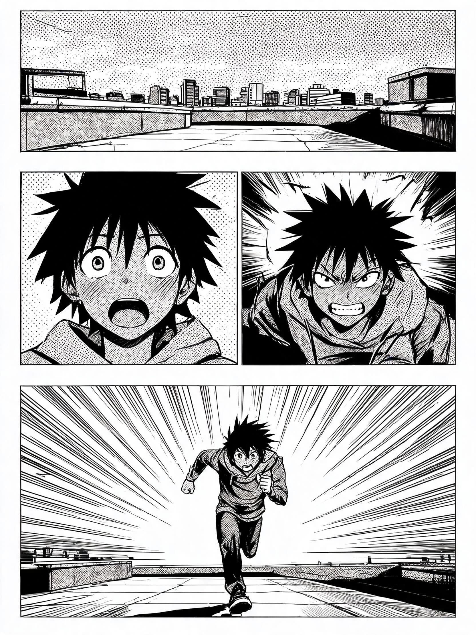 Black and white manga page with screentone, panels and speed lines, generated with Seedream 5.0 Lite
