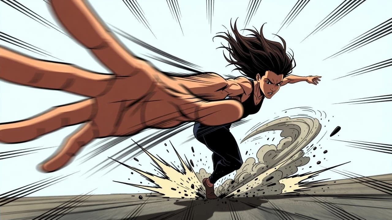 Action frame with a smeared limb and distorted proportions mid-motion, generated with Seedream 5.0 Lite
