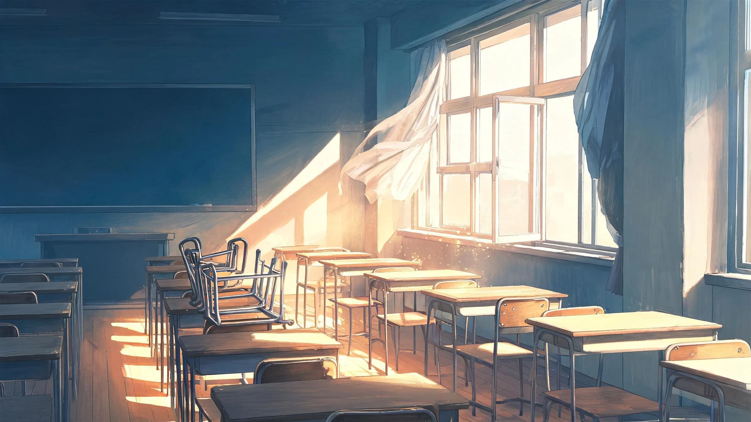 Empty classroom in golden hour with long shadows across the desks, generated with Seedream 5.0 Lite