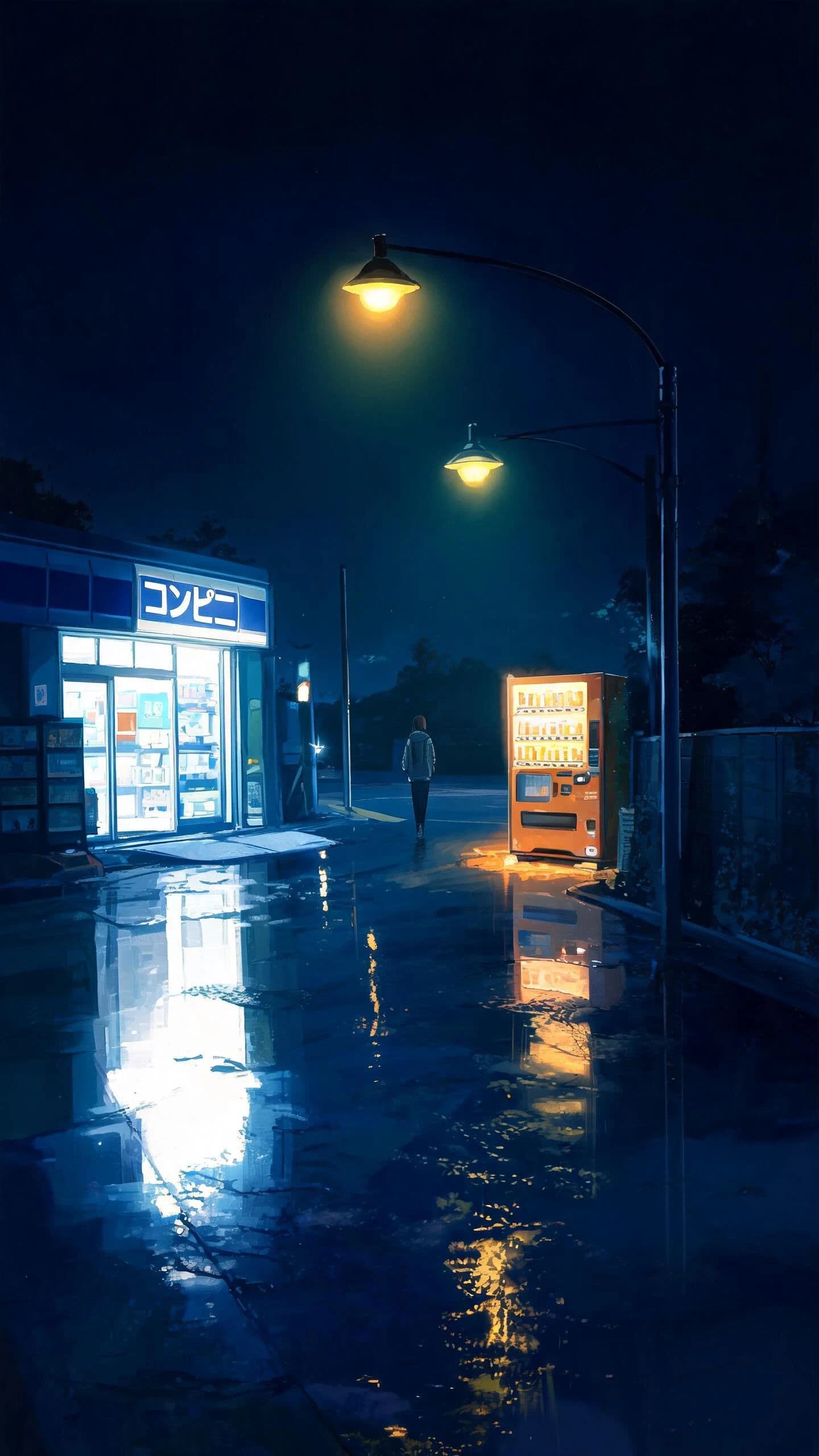 Night street scene lit by shop signage with warm light on the pavement, generated with Seedream 5.0 Lite