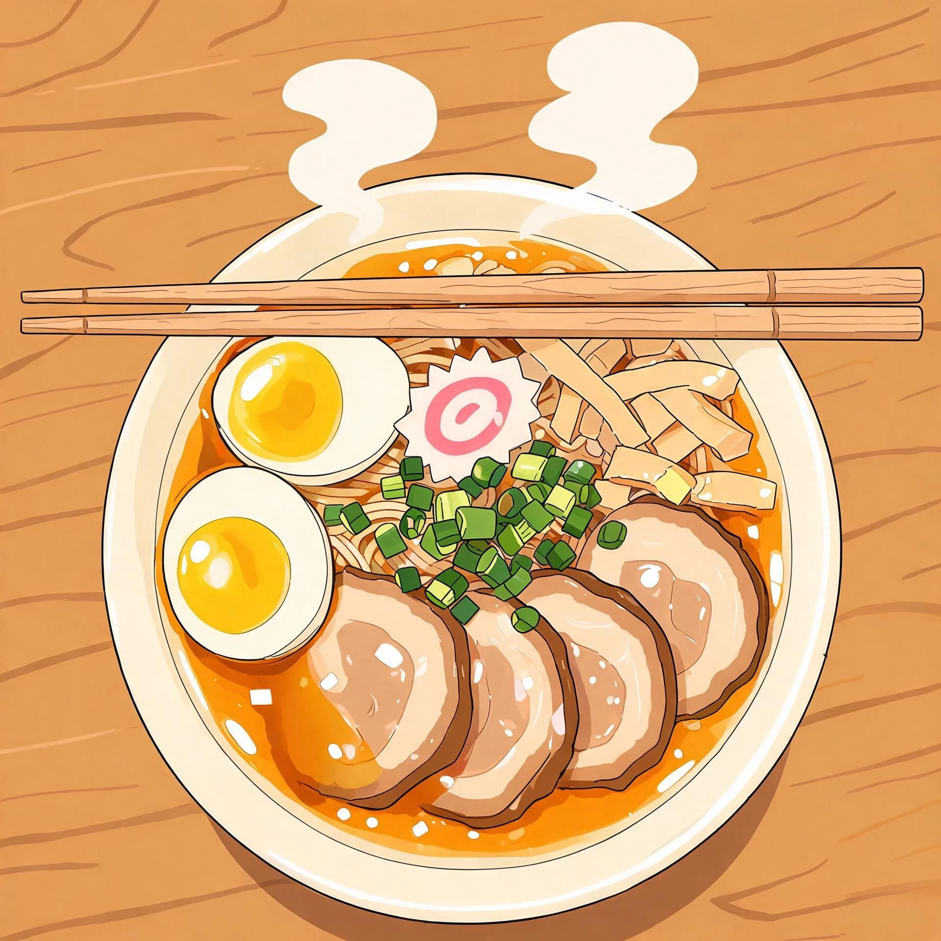 Anime-style bowl of noodles with glossy highlights and rising steam, generated with Seedream 5.0 Lite
