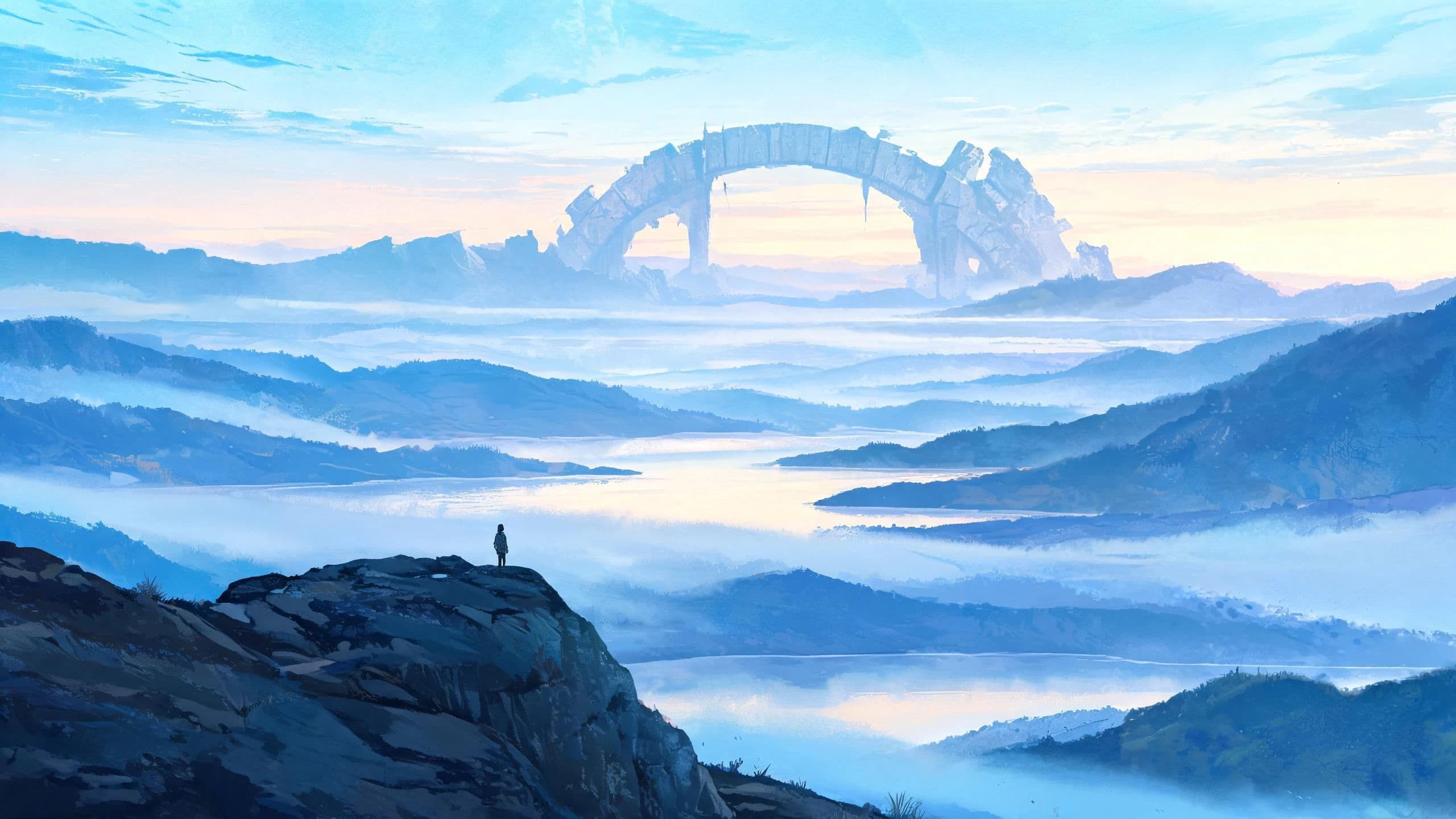 Wide fantasy landscape with a tiny figure establishing the scale, generated with Seedream 5.0 Lite