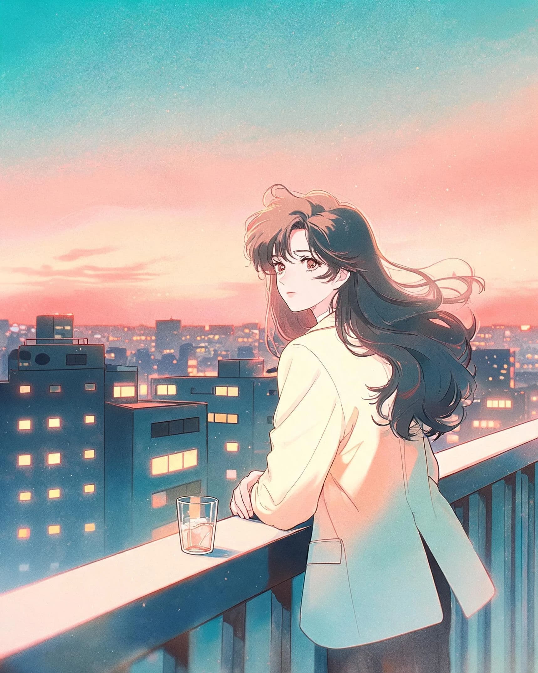 Eighties city pop style illustration with airbrush gradients and halation, generated with Seedream 5.0 Lite