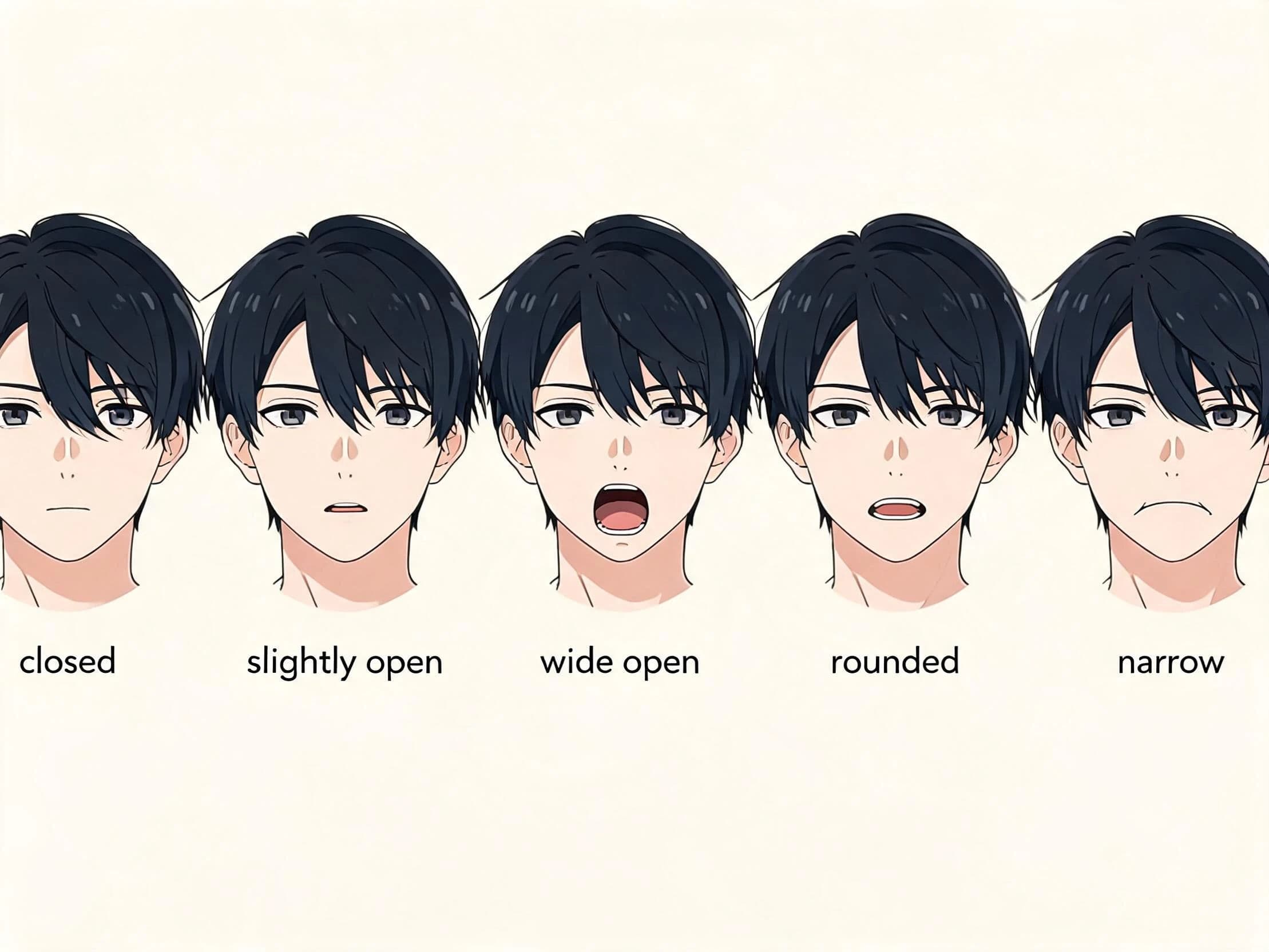 Mouth chart showing five lip-sync shapes for one character, generated with Seedream 5.0 Lite