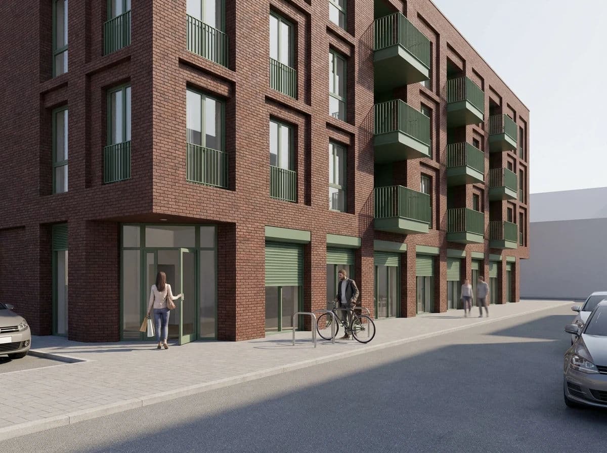 Street-level CGI render of a brick housing block with four composited figures on the pavement, generated with Nano Banana Pro