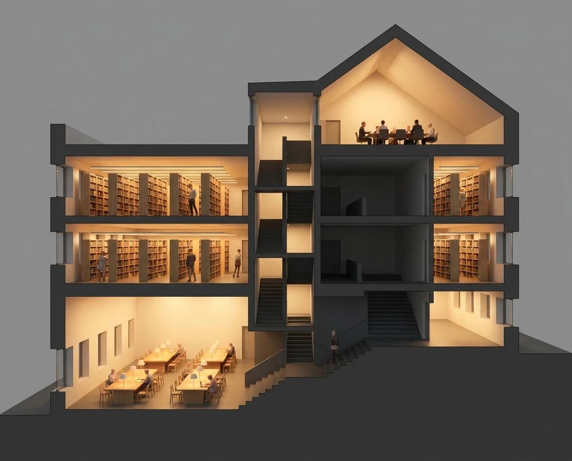 Rendered section perspective through a four-storey library with the cut plane filled solid, generated with Nano Banana Pro