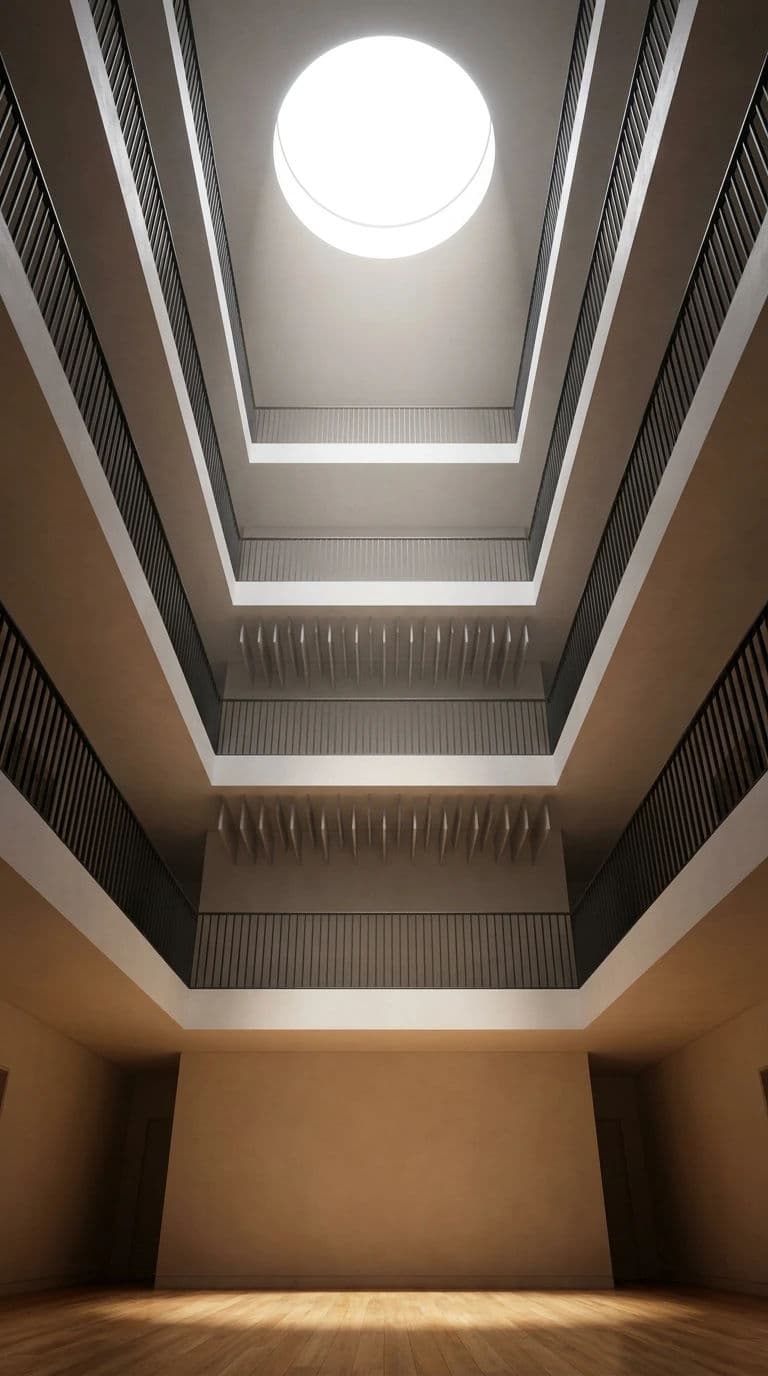 Vertical interior render of a six-storey atrium lit from a rooflight above, generated with Nano Banana Pro
