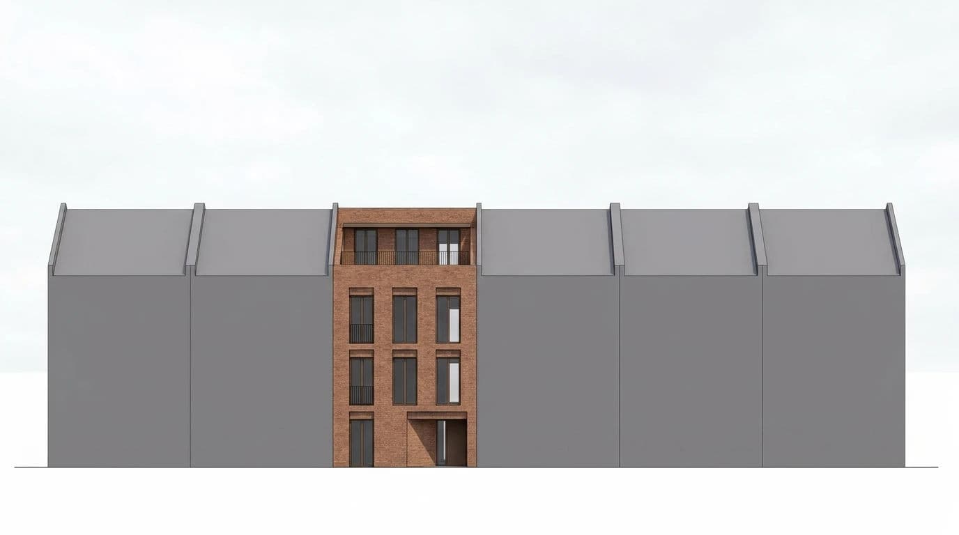 Context massing render with the proposal materialled and neighbours as flat grey volumes, generated with Nano Banana Pro