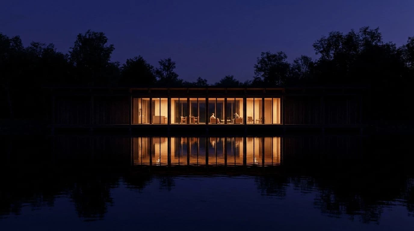 Night CGI render of a lakeside building with warm interiors reflected in still water, generated with Nano Banana Pro