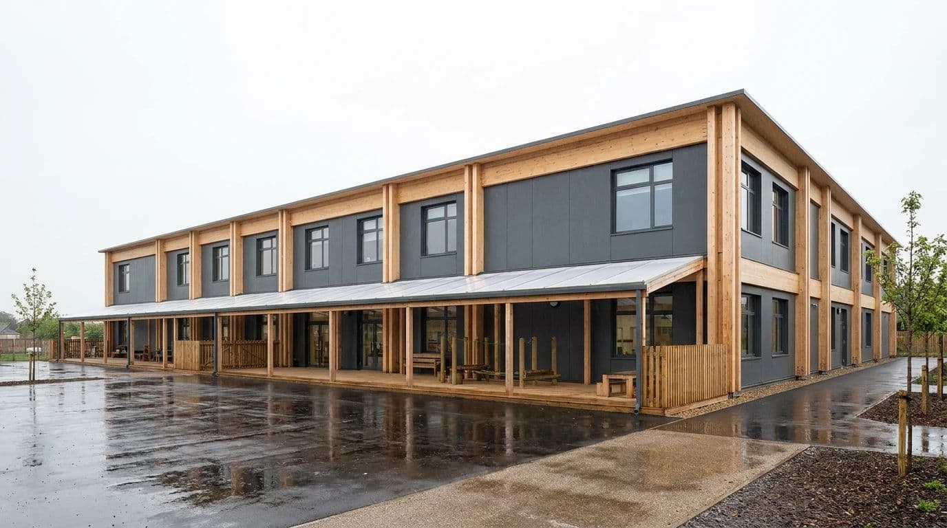 Overcast CGI render of a timber-framed primary school with no hard shadows, generated with Nano Banana Pro