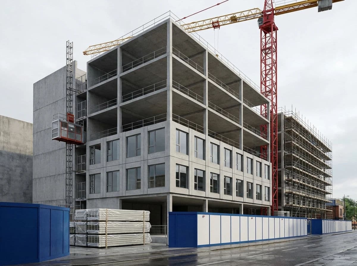 Construction-stage CGI render of a concrete frame with the lower floors clad and a crane above, generated with Nano Banana Pro