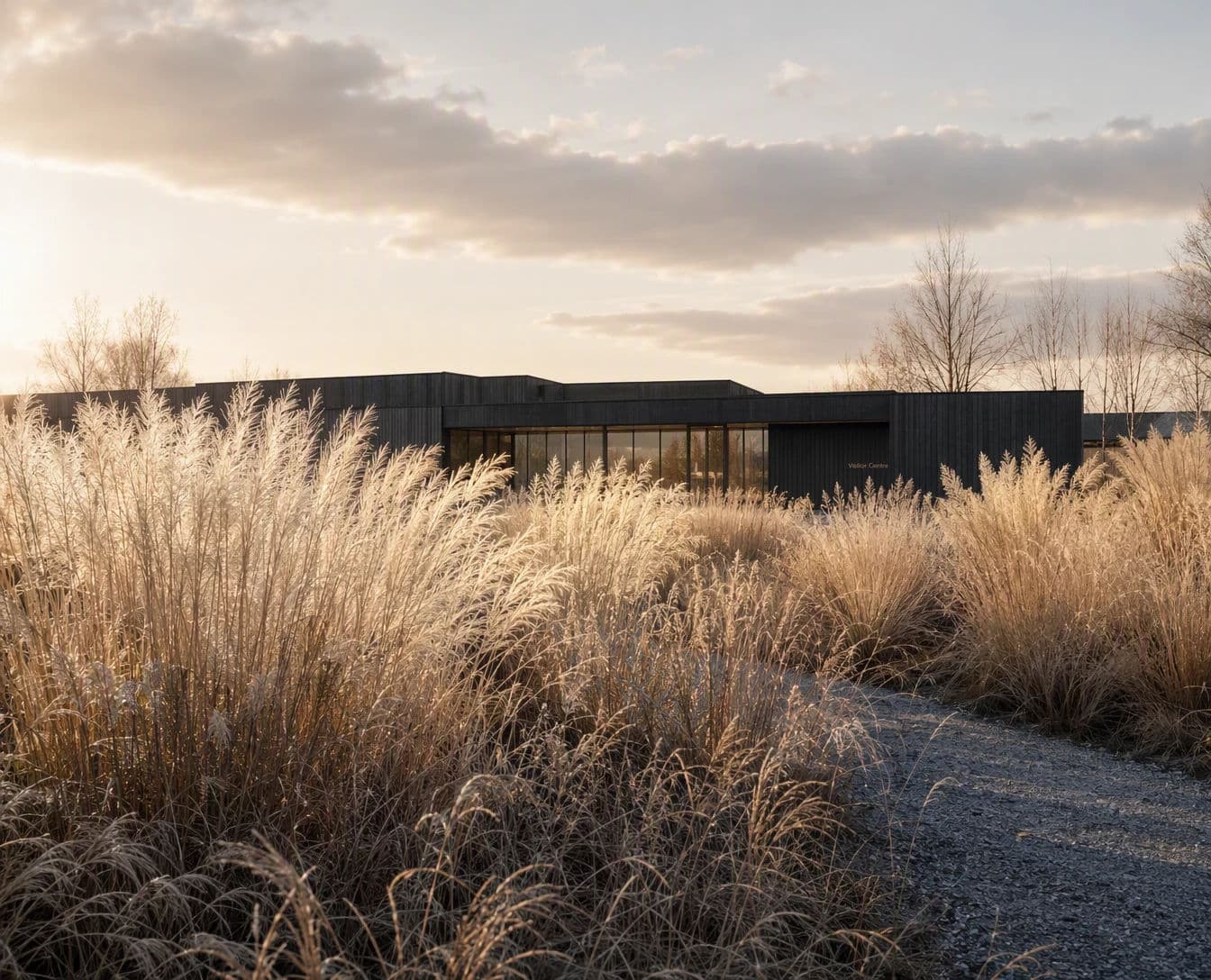 Landscape-led CGI render with named grasses in the foreground and the building behind, generated with GPT Image 2