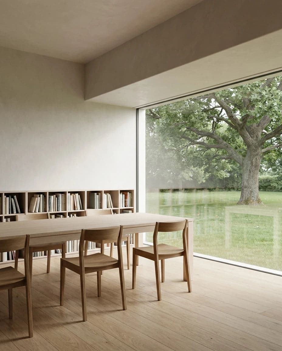 Interior CGI render looking out through a full-height window with the view held and not blown out, generated with Nano Banana Pro
