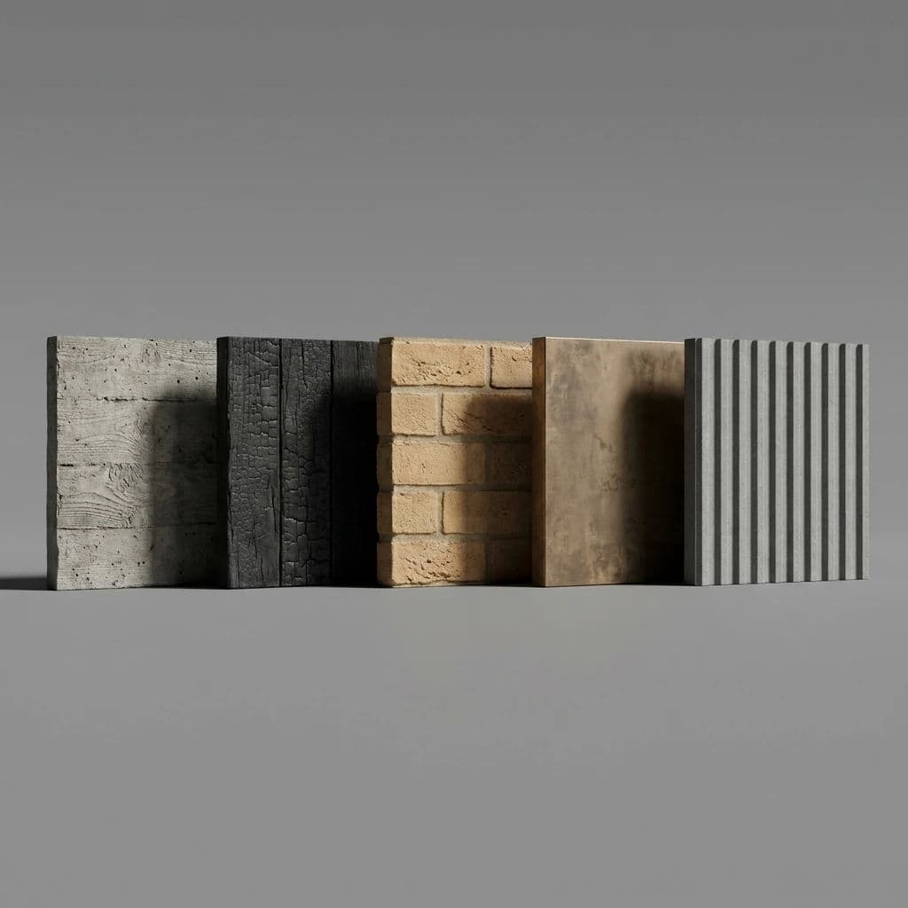 Rendered material study of five facade samples under raking studio light, generated with Nano Banana Pro