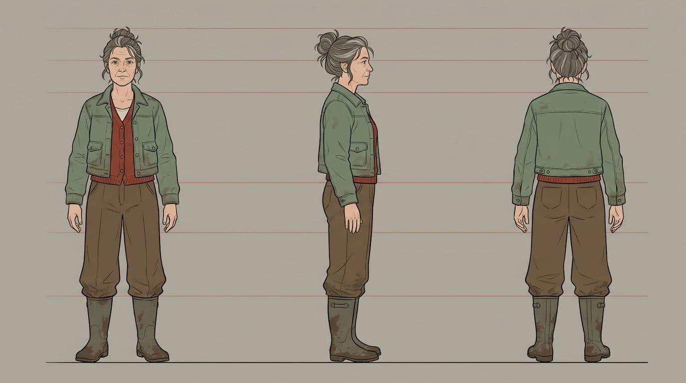 Three-view character turnaround with front, side and back aligned to shared height lines, generated with Nano Banana Pro