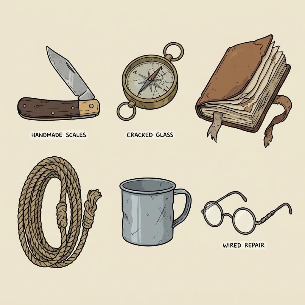 Prop sheet of a character's tools arranged with their wear described, generated with Nano Banana Pro
