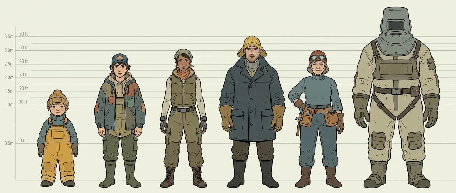 Cast lineup of six characters at true relative heights against a scale grid, generated with Nano Banana Pro