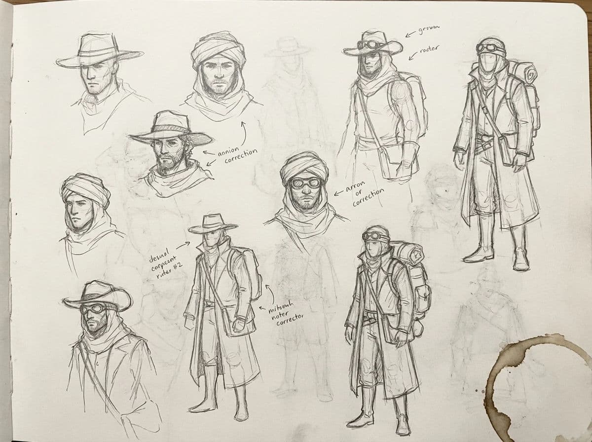 Sketch page of rough character thumbnails exploring one idea, generated with Nano Banana Pro
