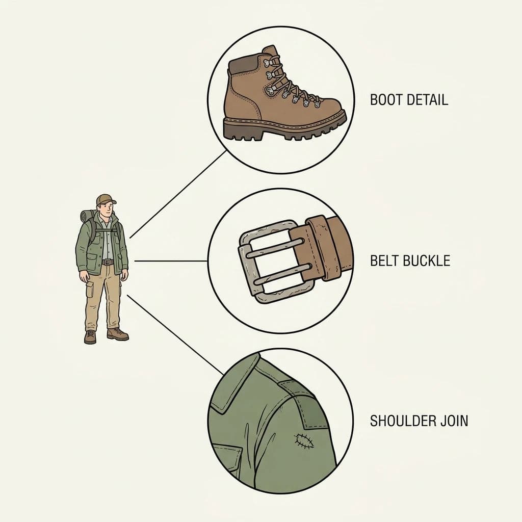 Detail callout panel showing a boot and belt enlarged with leader lines, generated with Nano Banana Pro